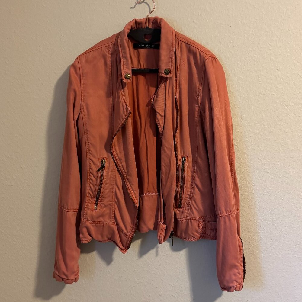 Max Jeans Moto Jacket Women’s XS Rusty Coral Lightweight Asymmetrical Zip-Up